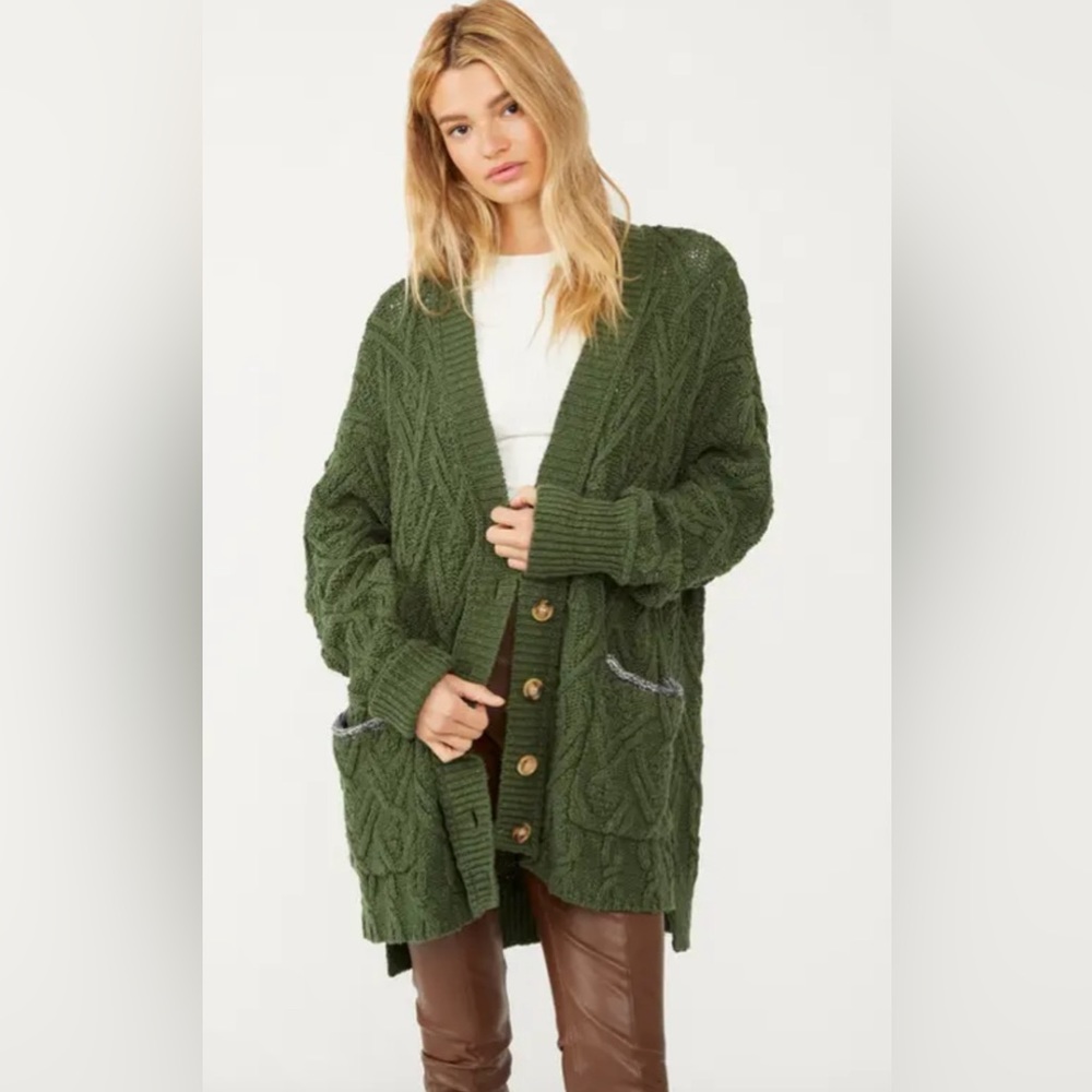 Free People Cable Knit Grandpa Cardigan Forest Green Buttons
